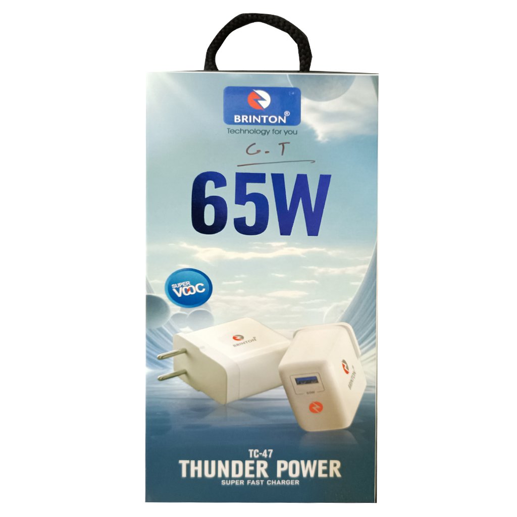 BRINTON 65W Thunder Power Super Fast Charger with Type-C Cable | Supports Super VOOC, Warp, Dash, Dart & Turbo Charging