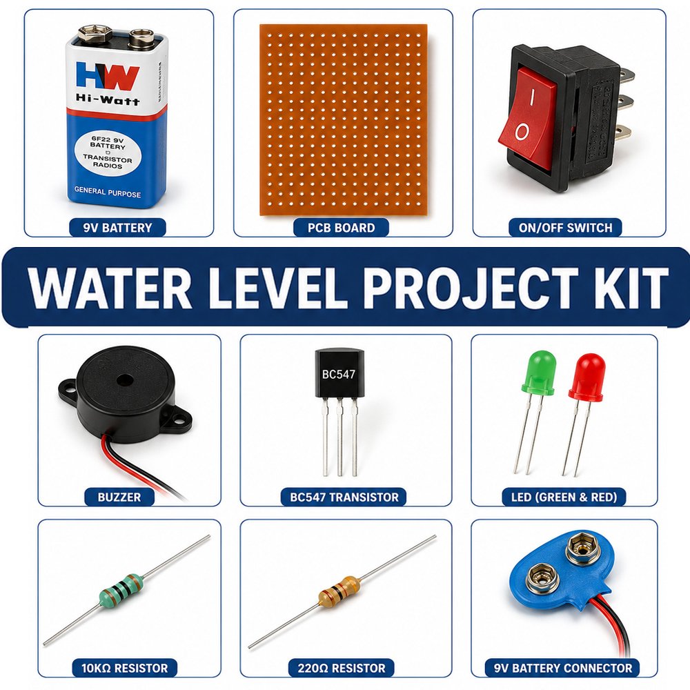 Water Level Indicator DIY Kit - वाटर लेवल अलार्म प्रोजेक्ट 9V Battery, BC547 Transistor, Active Buzzer, LED, 220Ω Resistor, 10K Resistor, PCB Board, ON/OFF Switch, Battery Connector,