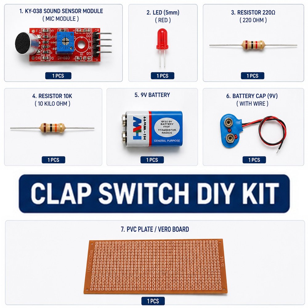 Clap Switch DIY Kit | Sound Alarm - KY-038 Sound Sensor Module, LED (5mm), 220Ω Resistor, 10K Resistor, 9V Battery, Battery Cap, PVC / Vero Board,