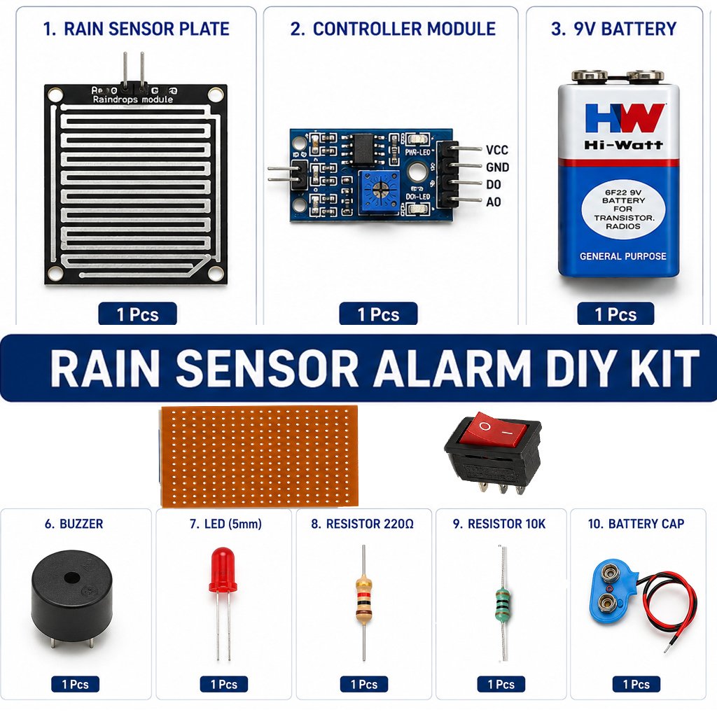 Rain Alarm DIY Kit | Barish Alert Project |  Rain Sensor Plate, Controller Module, 9V Battery , On Off Swich, PVC Plat, buzzer, LED , 220 Ohm Resister, 10k Resister
